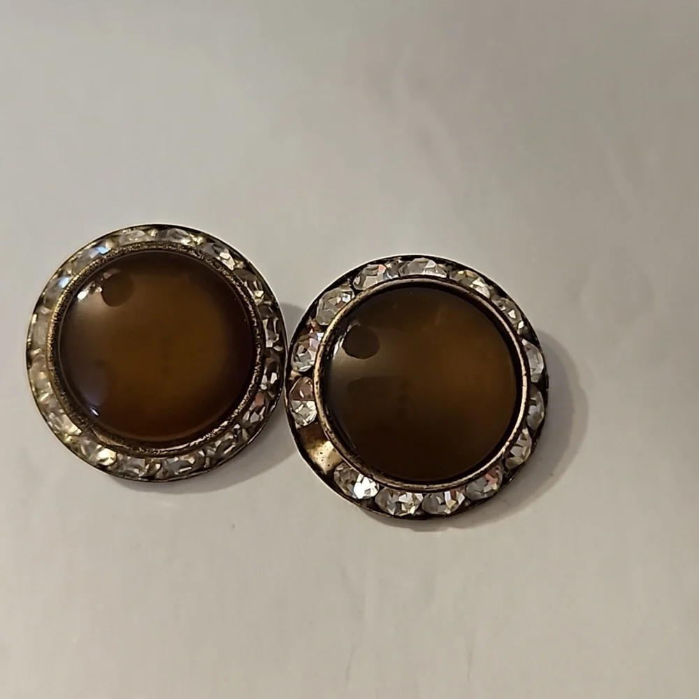 Vintage 2 Prs. Brown, Red & Rhinestones Button Silvertone Clip-on Earrings
